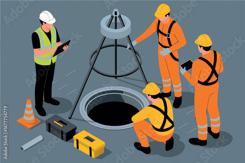 Skilled workers perform confined space entry safety procedures around an open manhole structure transparent background