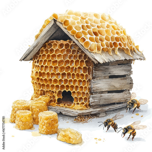 watercolor vector of Beehive, isolated on a white background.