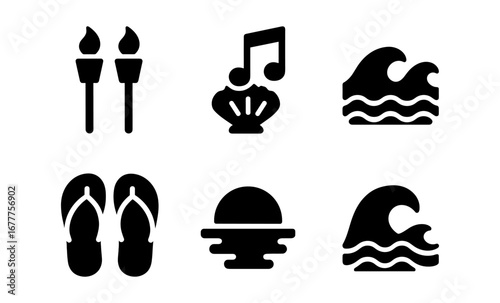 Summer beach icons set featuring torches, waves, and sandals in bold silhouette style