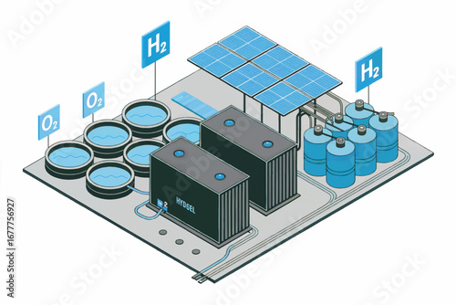 Modern hydrogen production facility with renewable energy integration and storage systems visualized transparent background