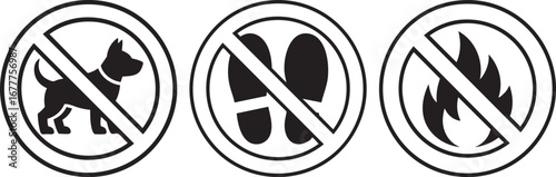 Prohibited Warning Signs Icon Set Showing No Pets No Shoes And No Fire Vector Illustration For Safety Caution Symbol And Protection