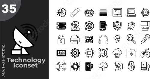 Modern technology icon set template featuring 35 diverse digital concepts for software development and online services vector