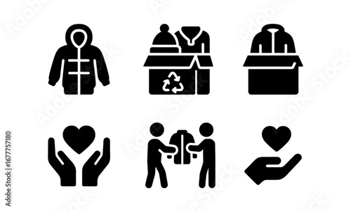 Charity clothing donation icons: silhouette symbols for community giving