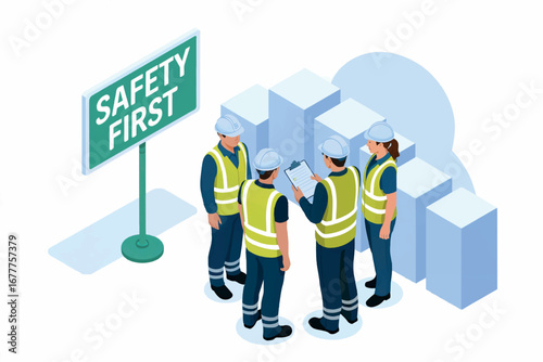 Workplace safety meeting workers in high visibility vest discussing plans near safety first sign transparent background