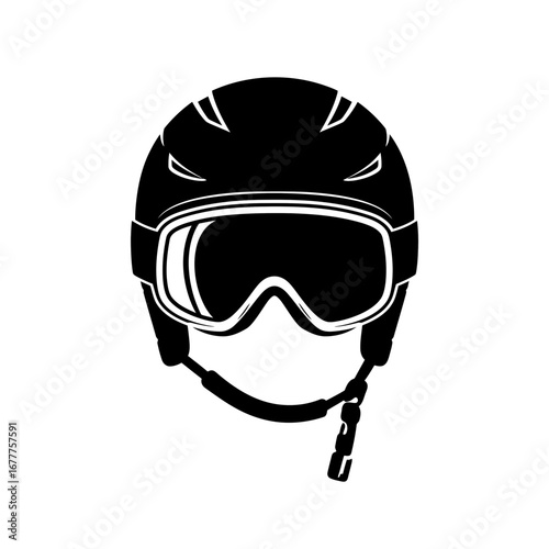 Ski goggles on helmet in black silhouette design, vector illustration. Sport equipment, hobby of professional tournaments  