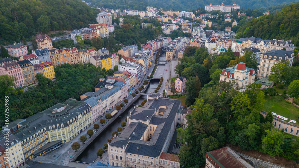 Fototapeta premium Night view of colourful houses reflecting on Tepla river in Karl