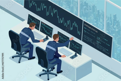 Two professionals monitoring multiple screens in a modern control room environment transparent background
