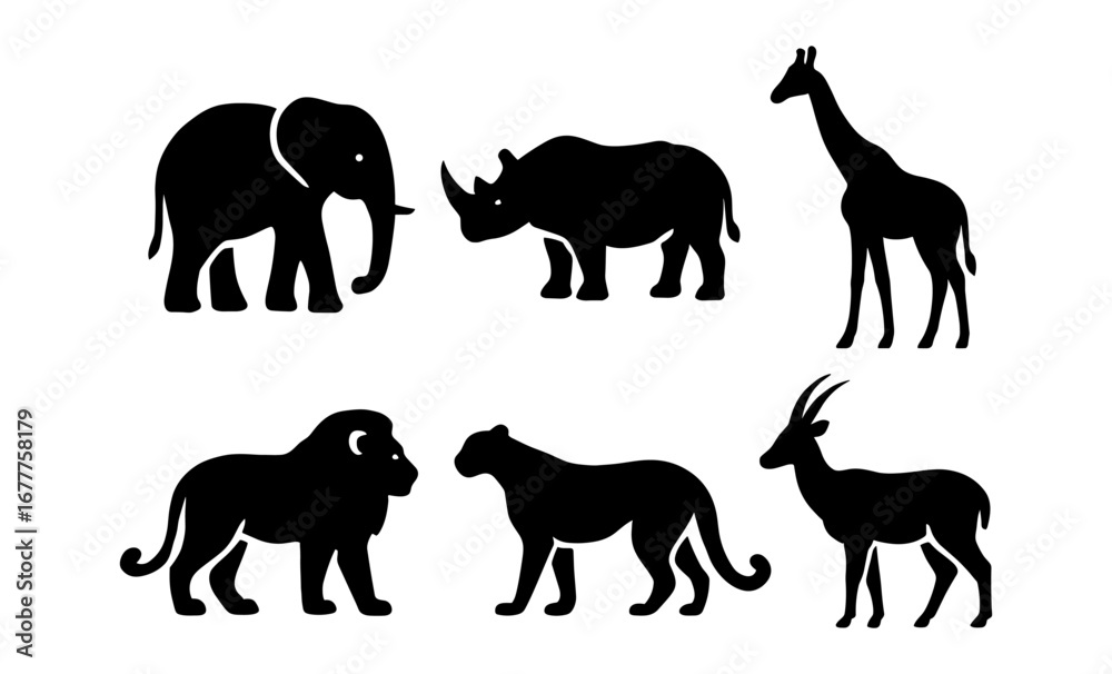 Fototapeta premium African wildlife silhouettes: elephant, rhino, giraffe, lion, cheetah, gazelle