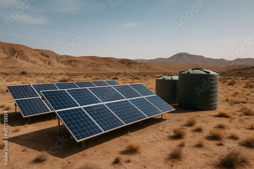 High-resolution photo of solar panels and water tanks installed in a dry desert environment with arid mountains in the background. Sustainable renewable energy