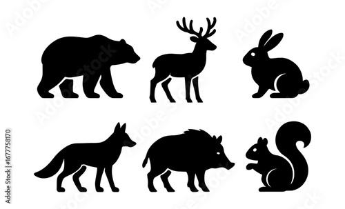 Silhouette wildlife collection: bear, deer, rabbit, fox, boar, squirrel in minimalist design