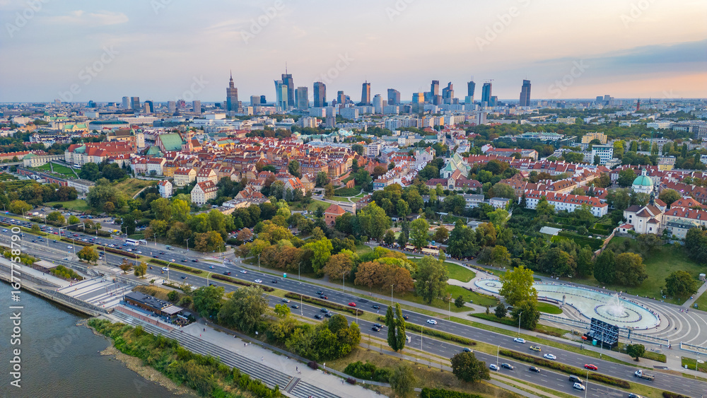 Fototapeta premium Skyline of Warsaw viewed behind Vistula river in Poland