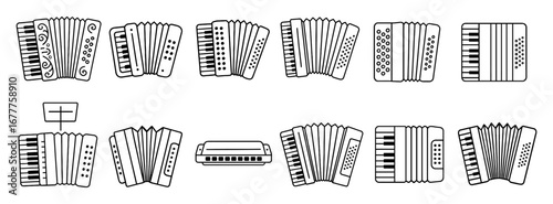 Elegant accordion and harmonica icons in linear style for musical designs
