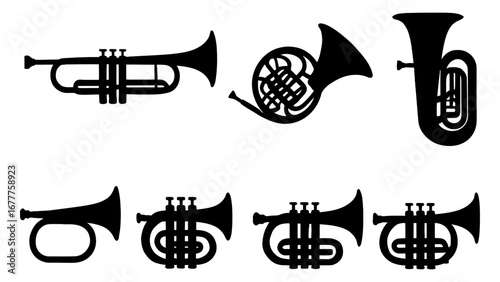 Silhouette collection of brass instruments: trumpet, french horn, tuba, cornet