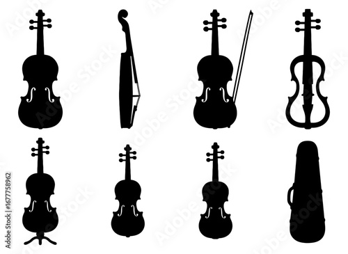 Elegant violin silhouettes set with case collection on white background