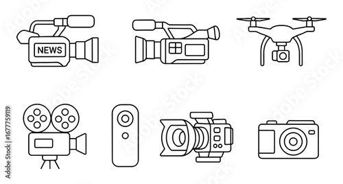Outline icons of cameras and drones: filmmaking and photography tools