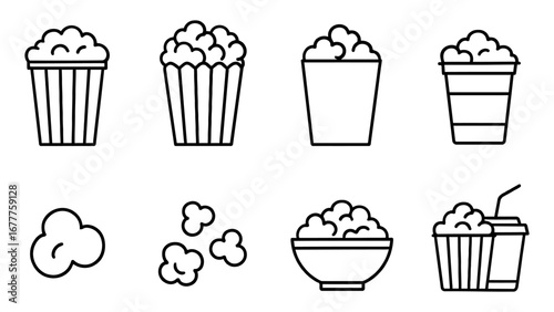 Minimalist popcorn icons set for snack lovers