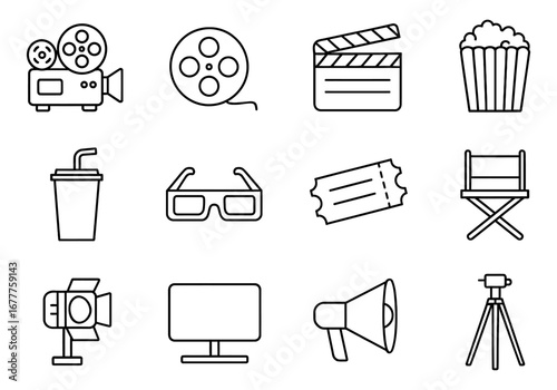 Cinema essentials icons: entertainment equipment in linear style