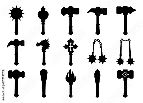 Collection of medieval weapon silhouettes featuring hammers, axes, and maces