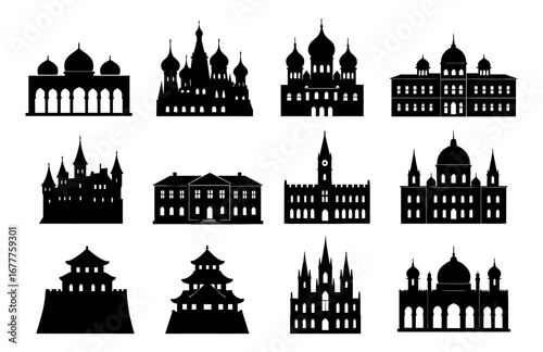 Silhouette icons of global landmarks in elegant black designs
