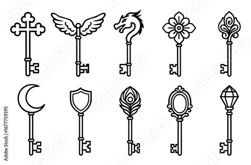 Intricate black and white linear fantasy keys collection