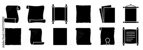 Collection of silhouette scroll icons in various styles for historical and decorative designs