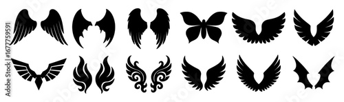 Silhouette collection of wings: angel, bat, butterfly, bird, tribal designs