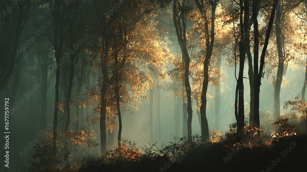 Obraz premium A dense forest brimming with countless trees encompasses a hazy atmosphere where green and yellow tree trunks coalesce