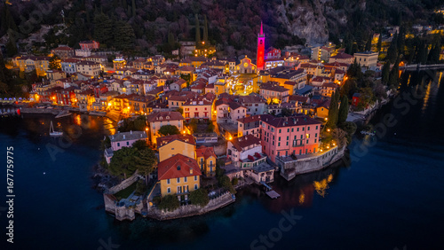 Sunset view of Varenna town situated at lake Como in Italy