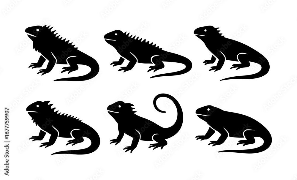 Naklejka premium Silhouette set of iguanas and lizards in iconic poses for nature designs