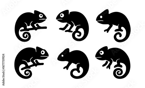 Set of chameleon silhouettes: variety of cute reptile poses in black design