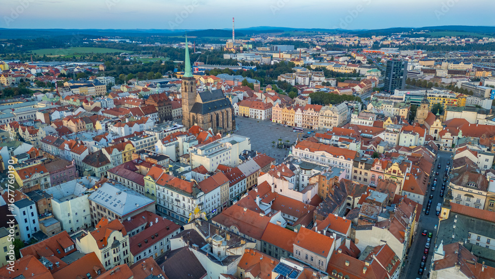 Fototapeta premium Sunset panorama of old town of Pilsen, Czech republic