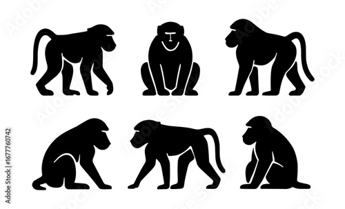 Silhouette collection of monkeys in various poses for wildlife design