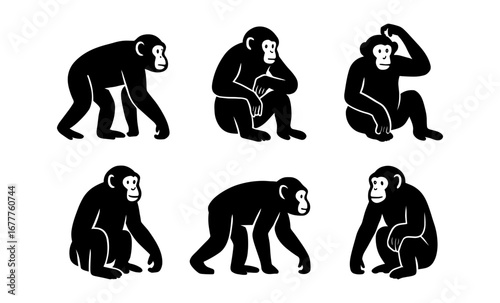 Monkey silhouettes collection: diverse poses of playful primates on white background