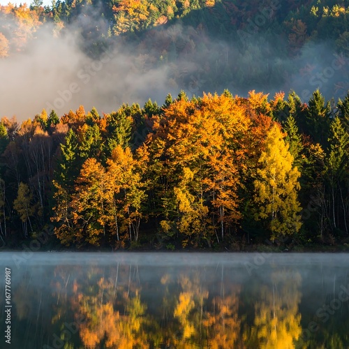 Autumn lake scene with mirrored foliage