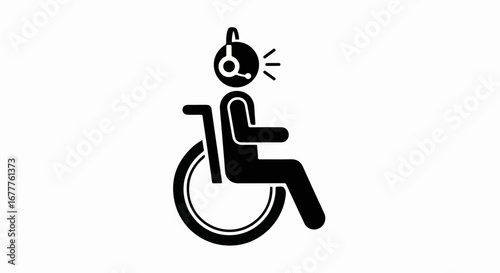 Wheelchair access assistance person icon representing service and support, shows accessibility assistance for people with disabilities using wheelchairs, and communicating with headset.