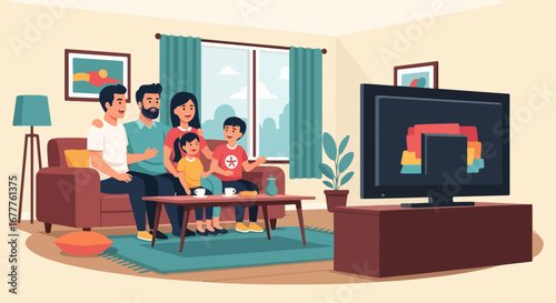 Family watching television at home together on comfortable sofa in cozy living room. Family watching television, bonding and sharing quality time in their living space.