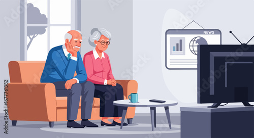 Elderly couple watching TV together in cozy living room, relaxed on sofa. Elderly couple enjoys favorite programs together, sharing moments of companionship.