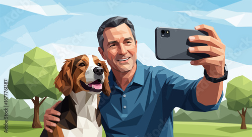 Man with dog taking selfie in park, capturing joyful moment together. Man taking selfie includes dog, blending companionship with outdoor adventure in park setting.