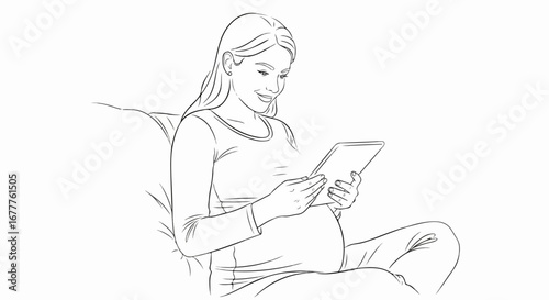 Pregnant woman using tablet on couch, displaying joyful motherhood. Happy pregnant woman enjoys technology, browsing content for motherhood, relaxation and connection.