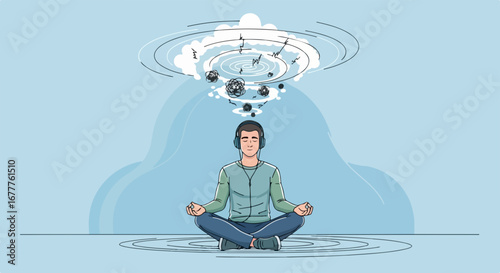 Man in meditation pose listening to music to calm anxiety. Music therapy involves a man in lotus position, listening to music to regulate emotions and reduce anxiety, and improving his mental health.