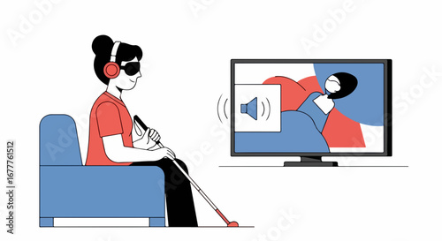 Visually impaired person listens to audio description on television, enjoying media content. Person with disability utilizes audio description accessibility feature on TV,