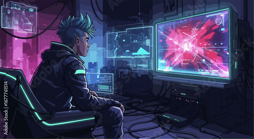 Cyberpunk character looks at screen of computer in futuristic room filled with neon lights, complex machinery. Cyberpunk character sees explosion on monitor,