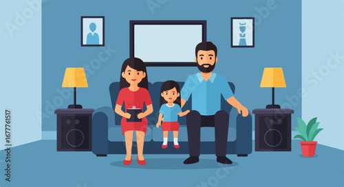 Family portrait captures happy father, mother, and child in living room. Family portrait sitting on sofa shows harmonious family relationship. Use family portrait for advertising, blog,