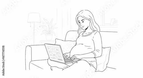 Pregnant woman using laptop on sofa in living room, depicted in black and white line art. Pregnant woman works remotely on her laptop, creating a serene home atmosphere, cozy and relaxed.