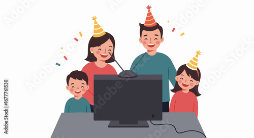 Family party celebrating online with party hats and smiling faces. Family party is together virtually for birthday or special occasion.