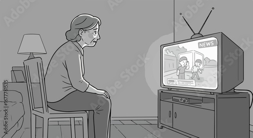 Watching news on television showing construction site with workers, senior woman sits on chair near screen. Woman watching news reveals serious updates and information.