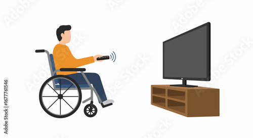 Disabled person watching tv attentively with remote controller in hand, enjoying show. Disabled person watching tv is comfortably seated in wheelchair.