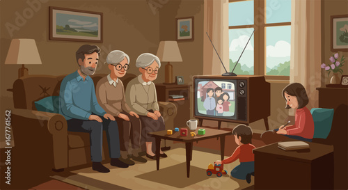 Family watching TV in cozy room with vintage television set, parents, grandparents and kids on sofa. Family watching TV together, sharing stories and laughing.