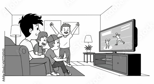 Watching sport with family at home, family celebrates together as they watch sport on television in living room. Engaging in family time watching sport,