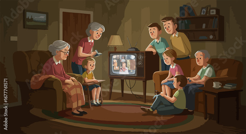 Watching television together in retro style, family gathers around vintage TV set for entertainment. Engaging in family fun is watching television together with older model television,